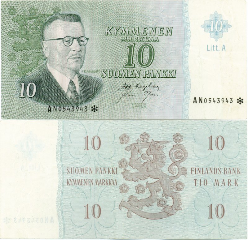 10 Markkaa 1963 Litt.A AN0543943* kl.6